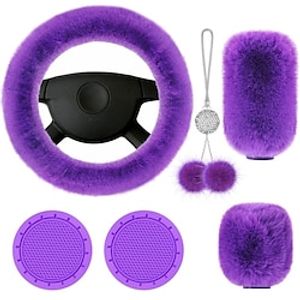 Frienda 6 Pieces Fluffy Car Accessories Set Fluffy Steering Wheel Cover Soft Fuzz Handbrake Cover Gear Shift Cover Bling Car Mirror Fuzz Car Decoration 2 Pieces Bling Car miniinthebox