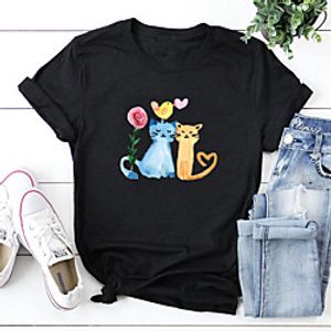 Women's T shirt Floral Cat Heart Print Round Neck Tops 100% Cotton Basic Basic Top White Black Green miniinthebox