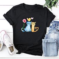 Women's T shirt Floral Cat Heart Print Round Neck Tops 100% Cotton Basic Basic Top White Black Green miniinthebox - thumbnail