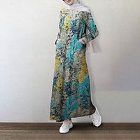 202 cross-border 1 new ethnic style cotton and linen printed muslim style hedging long-sleeved dress long skirt miniinthebox - thumbnail