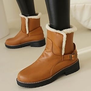 Women's Boots Snow Boots Combat Boots Winter Boots Daily Fleece Lined Booties Ankle Boots Winter Chunky Heel Round Toe Fashion PU Loafer Solid Color Black Brown miniinthebox