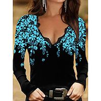 Women's Floral Theme Blouse Shirt Floral Graphic Long Sleeve Lace Trims Print V Neck Casual Streetwear Tops Regular Fit Blue Purple Red miniinthebox - thumbnail