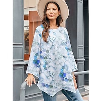 Women's Shirt Blouse Floral Royal Blue Blue Print Asymmetric Hem Long Sleeve Casual Fashion Round Neck Regular Fit Spring Lightinthebox