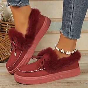 Women's Sneakers Boots Snow Boots Plus Size Daily Solid Color Fleece Lined Booties Ankle Boots Winter Flat Heel Round Toe Plush Casual Comfort Walking Faux Suede Lace-up Wine Leopard Dark Brown miniinthebox