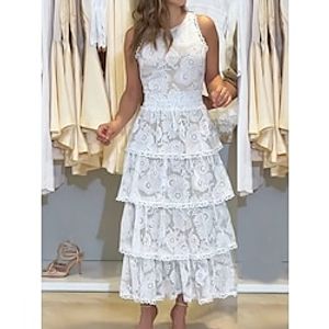 Women's Prom Dress Party Dress Lace Dress Long Dress Maxi Dress White Sleeveless Pure Color Lace Spring Fall Winter Crew Neck Fashion Wedding Guest Birthday Evening Party 2023 S M L XL XXL 3XL Lightinthebox