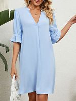 V-neck Casual Loose Solid Color Ruffled Short-sleeved Short Dress