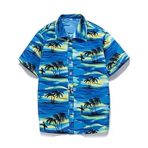 Men's Shirt Summer Hawaiian Shirt Coconut Tree Graphic Prints Beach Turndown Blue Dark Blue Light Blue Street Casual Short Sleeves Button-Down Print Clothing Apparel Tropical Sports Streetwear miniinthebox