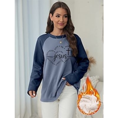 Women's Sweatshirt Pullover Fleece Lined Letter Teddy Fuzzy Print Navy Blue Blue Gray Casual Sports Round Neck Long Sleeve Top Micro-elastic Fall  Winter Lightinthebox