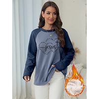 Women's Sweatshirt Pullover Fleece Lined Letter Teddy Fuzzy Print Navy Blue Blue Gray Casual Sports Round Neck Long Sleeve Top Micro-elastic Fall  Winter Lightinthebox - thumbnail