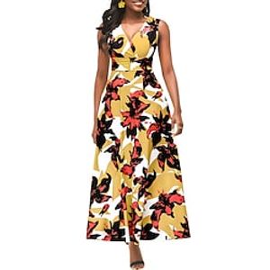 Women's A Line Dress Maxi long Dress Yellow Sleeveless Floral Patchwork Print Summer V Neck Elegant Fashion Modern 2022 S M L XL 2XL Lightinthebox