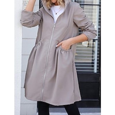 Women's Trench Coat Zipper Hooded Coat Fall Winter Coat Fashion Regular Fit Outerwear Long Sleeve Fall Black M Lightinthebox