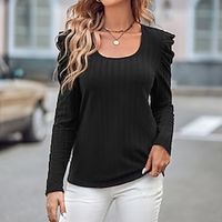 Shirt Blouse Women's Black Khaki Gray Solid  Plain Color Shirred Daily Fashion U Neck Regular Fit S Lightinthebox - thumbnail