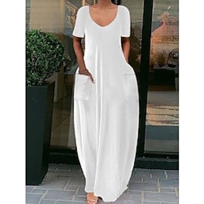 Women's Long Dress Maxi Dress Casual Dress White Dress Pure Color Fashion Modern Holiday Going out Ruched Pocket Short Sleeve U Neck Dress Regular Fit White Spring Summer S M L XL XXL Lightinthebox