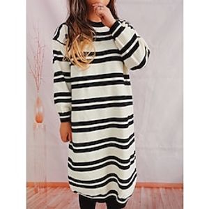 Women's Sweater Dress Crew Neck Chunky Knit Polyester Acrylic Knitted Spring Fall Winter Long School Home Daily Streetwear Vintage Style Elegant Long Sleeve Striped White Gray S M L miniinthebox