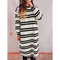 Women's Sweater Dress Crew Neck Chunky Knit Polyester Acrylic Knitted Spring Fall Winter Long School Home Daily Streetwear Vintage Style Elegant Long Sleeve Striped White Gray S M L miniinthebox - thumbnail