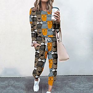 Women's Streetwear Cinched Cat Going out Casual / Daily Two Piece Set Sweatshirt Tracksuit Pant Loungewear Jogger Pants Drawstring Print Tops miniinthebox