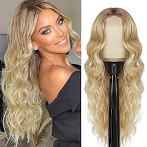 Blonde Wavy Wig for Women 26 Inch Synthetic Curly Middle Part Wig Natural Looking Curly Wig Heat Resistant Fibre for Daily Party Use miniinthebox