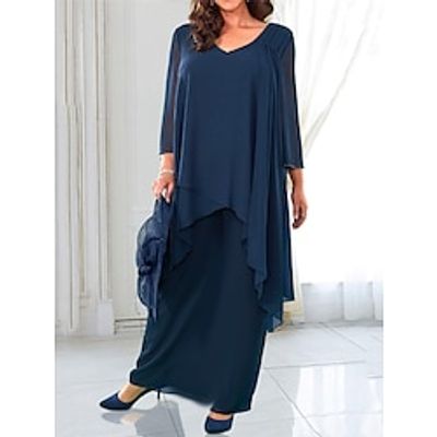 Women's Plus Size Curve Party Dress Chiffon Dress Formal Dress Plain Long Dress Maxi Dress 34 Length Sleeve Layered V Neck Elegant Party Navy Blue Fall Winter L XL XXL 3XL 4XL Lightinthebox