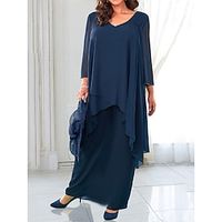 Women's Plus Size Curve Party Dress Chiffon Dress Formal Dress Plain Long Dress Maxi Dress 34 Length Sleeve Layered V Neck Elegant Party Navy Blue Fall Winter L XL XXL 3XL 4XL Lightinthebox - thumbnail
