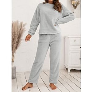 Women's Sweatshirt Tracksuit Pants Sets Fleece Black Pink Dark Navy Solid Color Long Sleeve Casual Daily Warm Round Neck Regular Fit Fall  Winter Lightinthebox