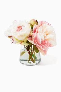Cream and Fuchsia Peony Rose Bouquet in Glass Pyramid Vase