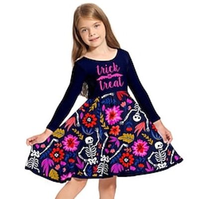 Kids Little Girls' Dress Floral Skull Letter A Line Dress Daily Holiday Vacation Print Purple Above Knee Long Sleeve Casual Cute Sweet Dresses Halloween Fall Winter Regular Fit 3-10 Years miniinthebox
