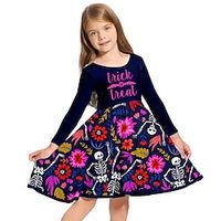 Kids Little Girls' Dress Floral Skull Letter A Line Dress Daily Holiday Vacation Print Purple Above Knee Long Sleeve Casual Cute Sweet Dresses Halloween Fall Winter Regular Fit 3-10 Years miniinthebox - thumbnail