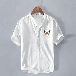 Men's Shirt Cotton Linen Shirt White Cotton Shirt Casual Shirt White Navy Blue Light Blue Short Sleeve Butterfly Band Collar Summer Casual Daily Clothing Apparel Lightinthebox