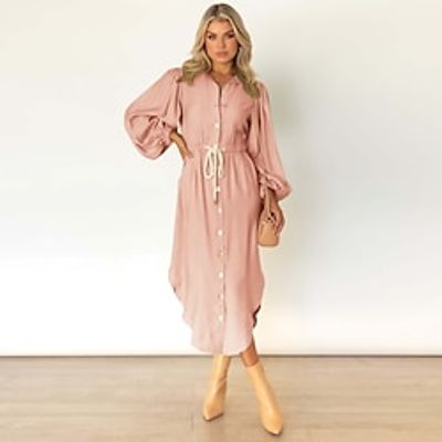 Women's Shirt Dress Plain Dress SpringDress Midi Dress Button Drawstring Street Vacation Basic Shirt Collar Long Sleeve Loose Fit Black Pink Green Color S M L XL XXL Size Lightinthebox