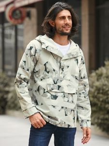 Men Fashion Grey Camouflage Geometric Print Button Front Hoodie