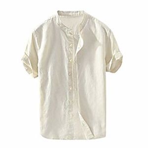 men's vintage round collar chinese style henley shirts short sleeve tops slim-fit beach linen shirt summer tees khaki Lightinthebox