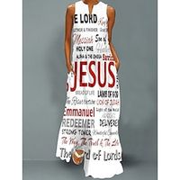 Women's Easter Cross Long Dress Maxi Dress Casual Dress Swing Dress Print Dress Letter Casual Holiday Vacation Beach Pocket Print Sleeveless V Neck Dress Loose Fit Black White Green Spring miniinthebox - thumbnail