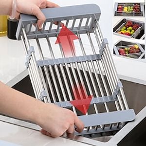 Fruit Vegetable Cutlery Drainer Stainless Steel Rack Drain Basket Telescopic Sink Rack Dish Rack Cleaning Organizer Kitchen miniinthebox