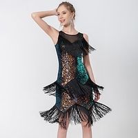 Latin Dance Ballroom Dance Dance Costumes Dress Tassel Pure Color Splicing Women's Performance Training Sleeveless High Polyester Sequined Lightinthebox - thumbnail