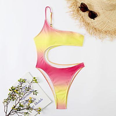 Women's Swimwear One Piece Monokini Swimsuit Open Back Hole Print Gradient Yellow Swimwear Bathing Suits New Vacation Fashion  Modern Lightinthebox