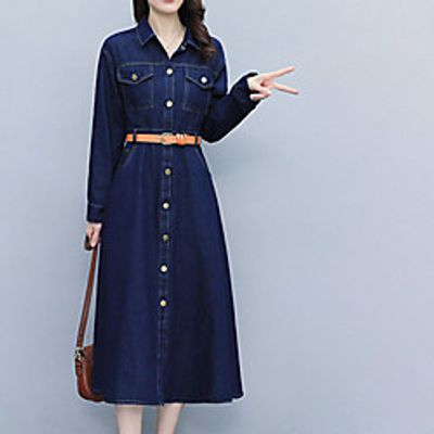 Women's A Line Dress Midi Dress Blue Long Sleeve Solid Color Pocket With Belt Button Fall Summer Shirt Collar Stylish Elegant Casual 2022 S M L XL XXL 3XL miniinthebox Women's A Line Dress Midi Dress Blue Long Sleeve Solid Color Pocket With Belt Button Fall Summer Shirt Collar Stylish Elegant Casual 2022 S M L XL XXL 3XL miniinthebox