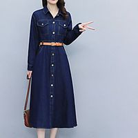 Women's A Line Dress Midi Dress Blue Long Sleeve Solid Color Pocket With Belt Button Fall Summer Shirt Collar Stylish Elegant Casual 2022 S M L XL XXL 3XL miniinthebox - thumbnail