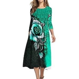 Women's Shift Dress Midi Dress Green Purple Wine Orange 34 Length Sleeve Floral Ruched Print Fall Spring Round Neck Casual Vacation 2022 S M L XL XXL 3XL Lightinthebox