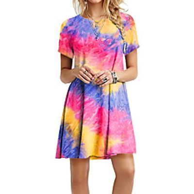 Women's A Line Dress Knee Length Dress Blue Purple Fuchsia Orange Light Blue Short Sleeve Tie Dye Summer Round Neck Casual 2021 S M L XL XXL 3XL Lightinthebox