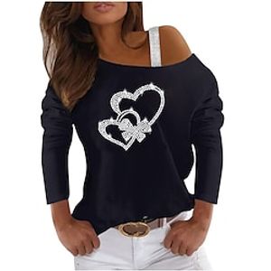 Women's T shirt Tee Silver Dark Gray Beige Butterfly Heart Rhinestone Long Sleeve Casual Weekend Basic Diagonal Neck Regular Butterfly Painting S Lightinthebox