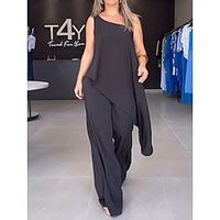 Women's Tank Top Pants Sets Black Solid Color Sleeveless Casual Fashion One Shoulder Regular Fit Spring  Summer miniinthebox - thumbnail