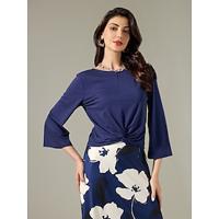 Navy Blue Flare Cuff Sleeve Knot Front Blouse - thumbnail