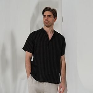 100% Linen Men's Shirt Linen Shirt Yellow Navy Blue Short Sleeve Stripes Standing Collar Summer Outdoor Daily Clothing Apparel Lightinthebox