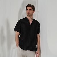 100% Linen Men's Shirt Linen Shirt Yellow Navy Blue Short Sleeve Stripes Standing Collar Summer Outdoor Daily Clothing Apparel Lightinthebox - thumbnail