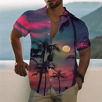 Men's Shirt 3D Print Scenery Coconut Tree Stand Collar Casual Daily Button-Down Print Short Sleeve Tops Designer Casual Fashion Comfortable Blue Lightinthebox - thumbnail