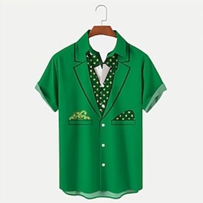 Four Leaf Clover Casual Men's Shirt Daily Wear Going out Weekend Autumn  Fall Turndown Short Sleeves Dark Green, Green S, M, L 4-Way Stretch Fabric Shirt St. Patrick Lightinthebox