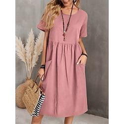 Women's Linen Dress Cotton Summer Dress Midi Dress Pocket Daily Crew Neck Short Sleeve Summer Spring Pink Navy Blue Plain Lightinthebox