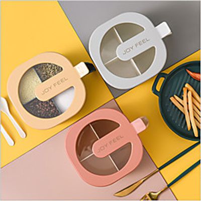 4 in 1 Spice Storage Box Seasoning Box with Spoons 4 Compartments Plastic Transparent Sugar Salt Box Pepper Jar Bottle Condiment Container Kitchen Organizer Lightinthebox