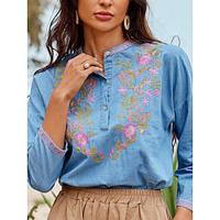 Women's Blouse Denim Embroidered Denim Blue Long Sleeve Crew Neck Summer Lightinthebox