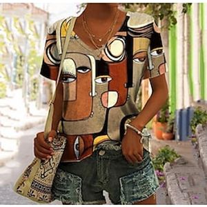 Women's T shirt Tee Brown Portrait Print Short Sleeve Daily Weekend Basic V Neck Regular Abstract Portrait Painting S miniinthebox